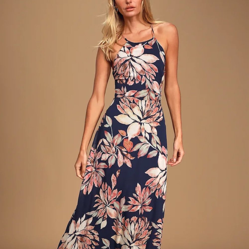 Lulus Long Navy Floral Halter Dress, Strappy Back